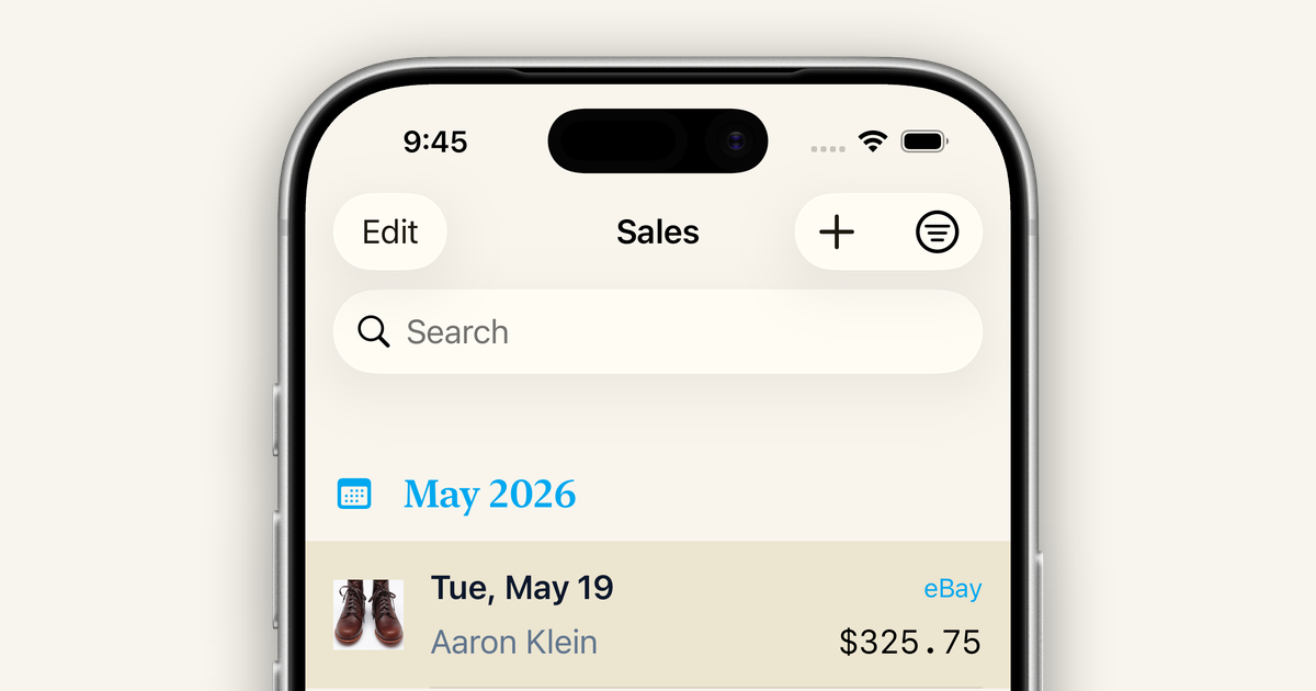 Narvata's redesigned Sales screen on iPhone, showing a list of recent sales with product photos, customer names, sources, and amounts