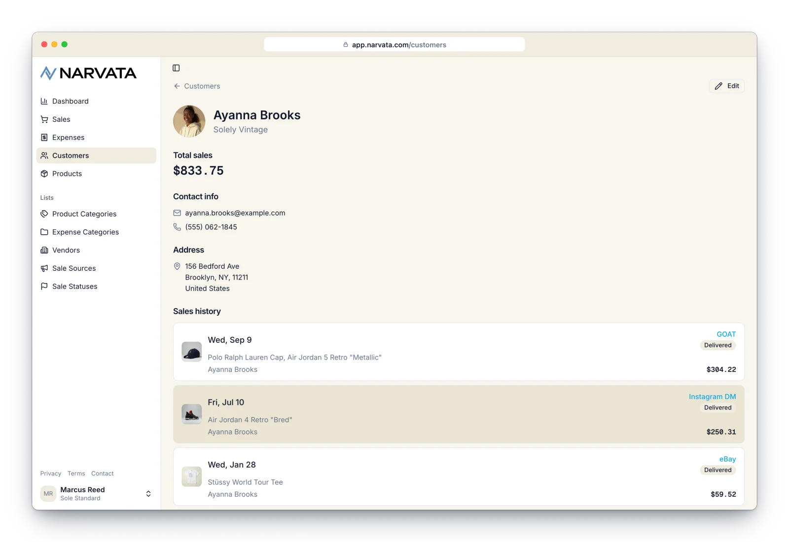 Narvata customer details showing total sales, contact info, address, and sales history