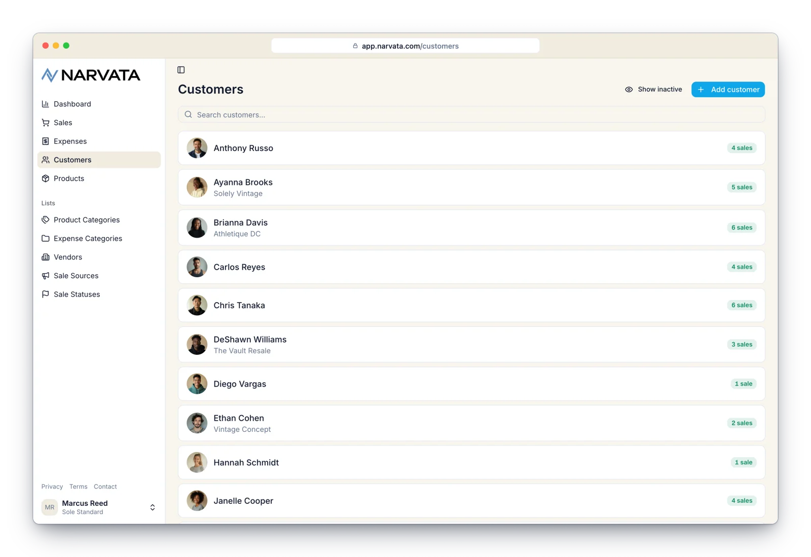 Narvata Customers list showing an address book of customers