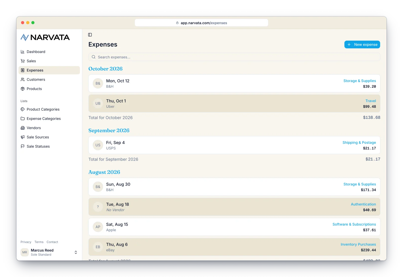 Narvata Expenses list showing expenses with categories and vendors