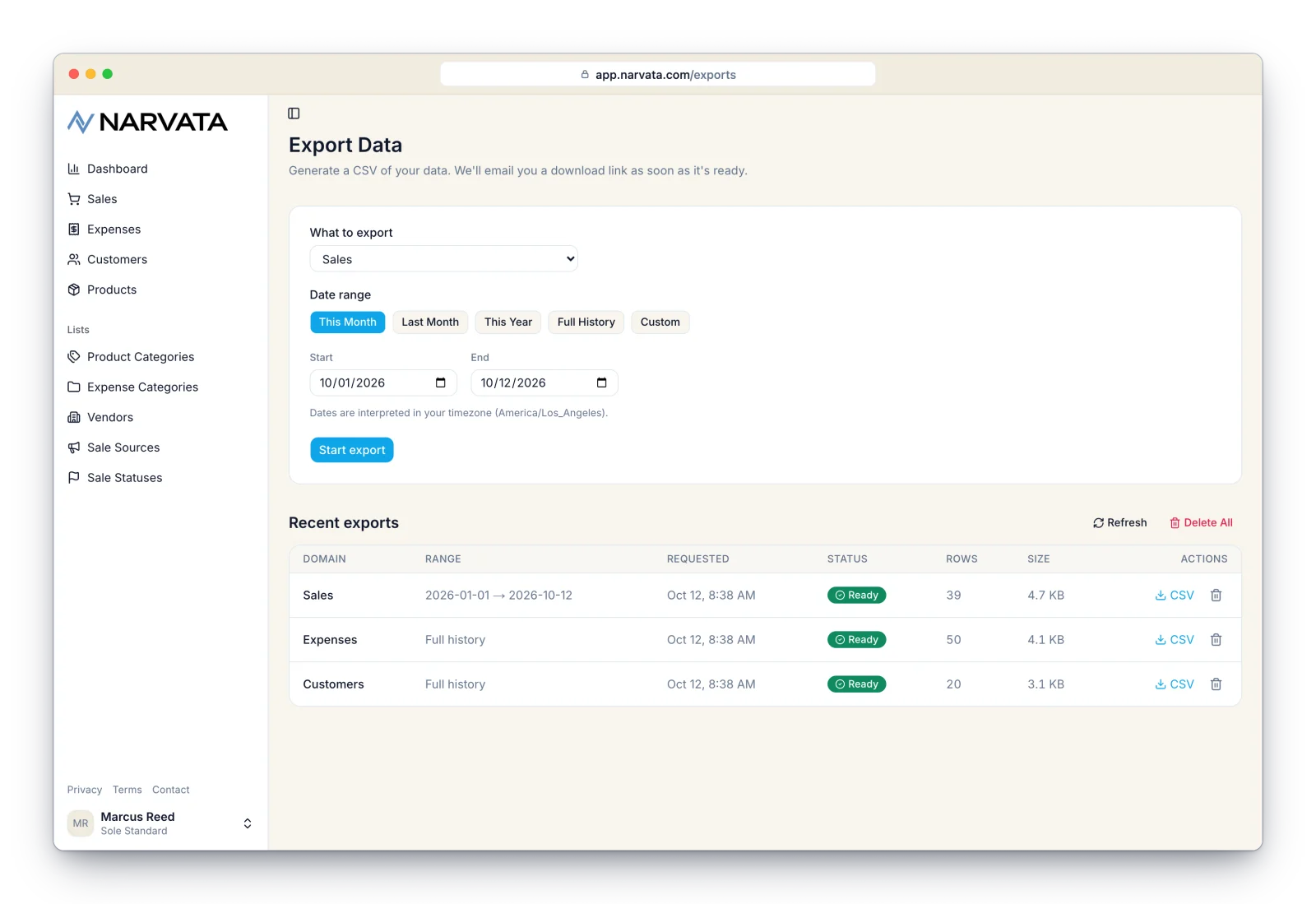 Narvata Export Data screen with domain picker, date range, and recent exports list