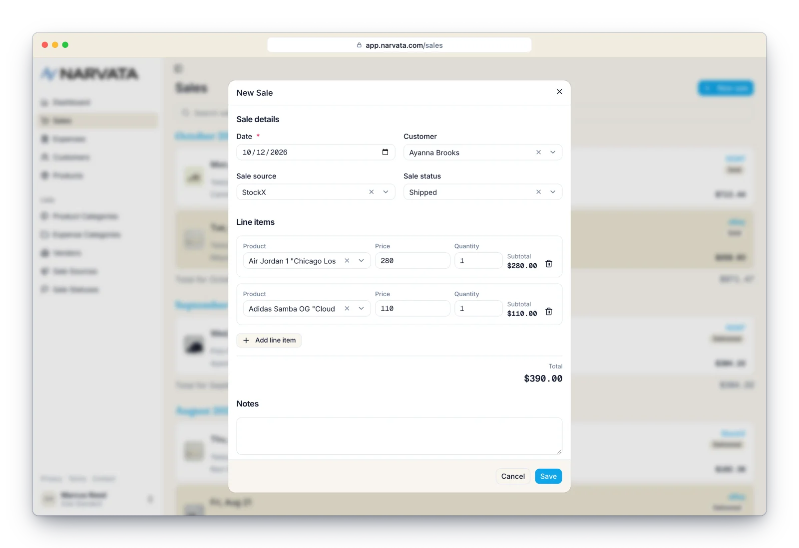 Narvata New sale dialog showing date, customer, sale source, sale status, line items, and total