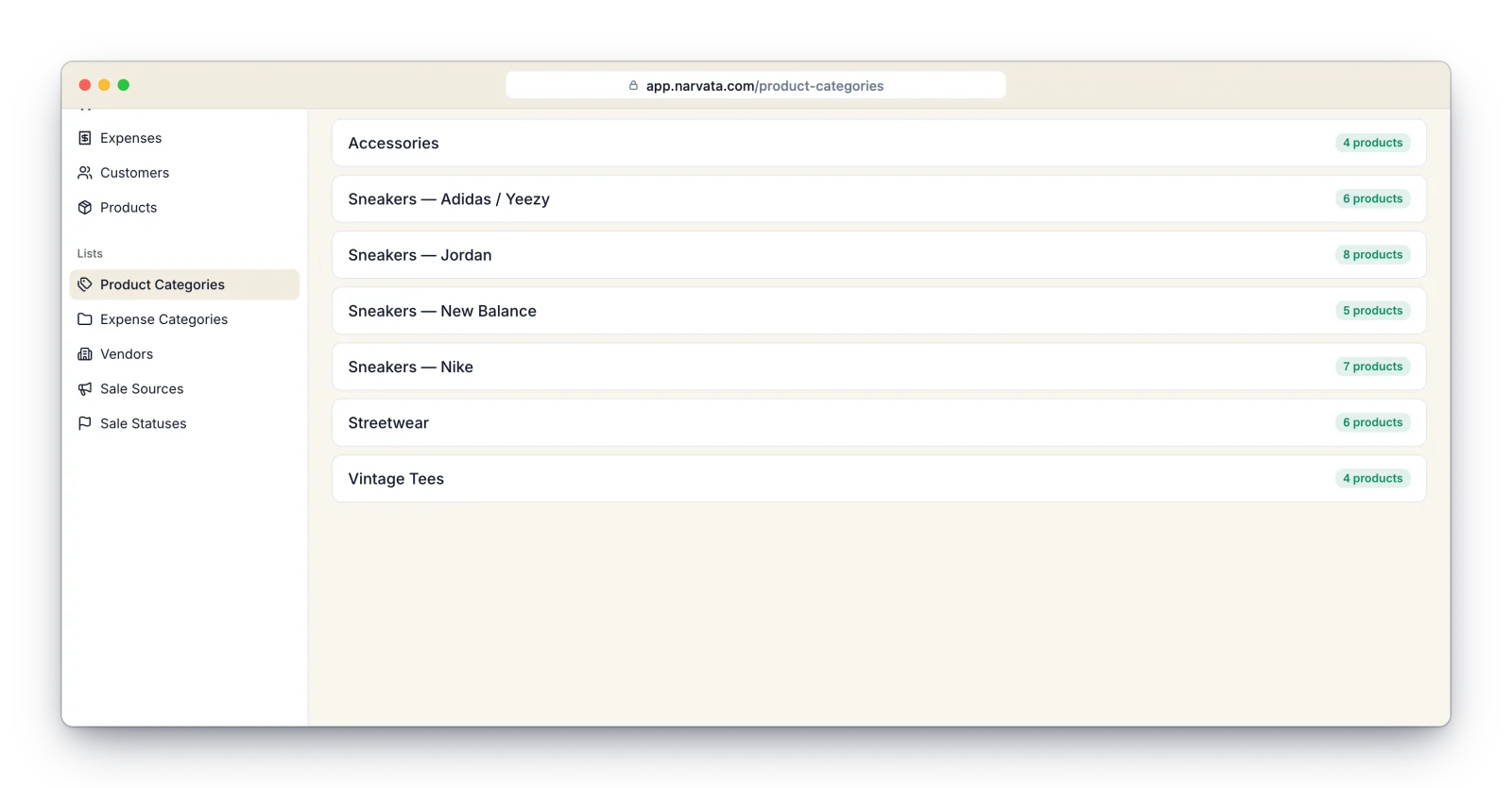 Narvata Product Categories list with the Add category button