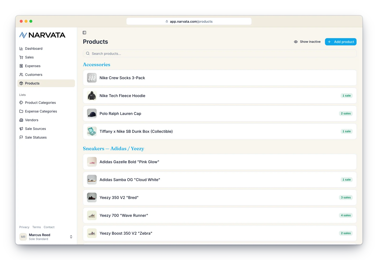 Narvata Products list showing items with photos, grouped by category, with a sales count for each