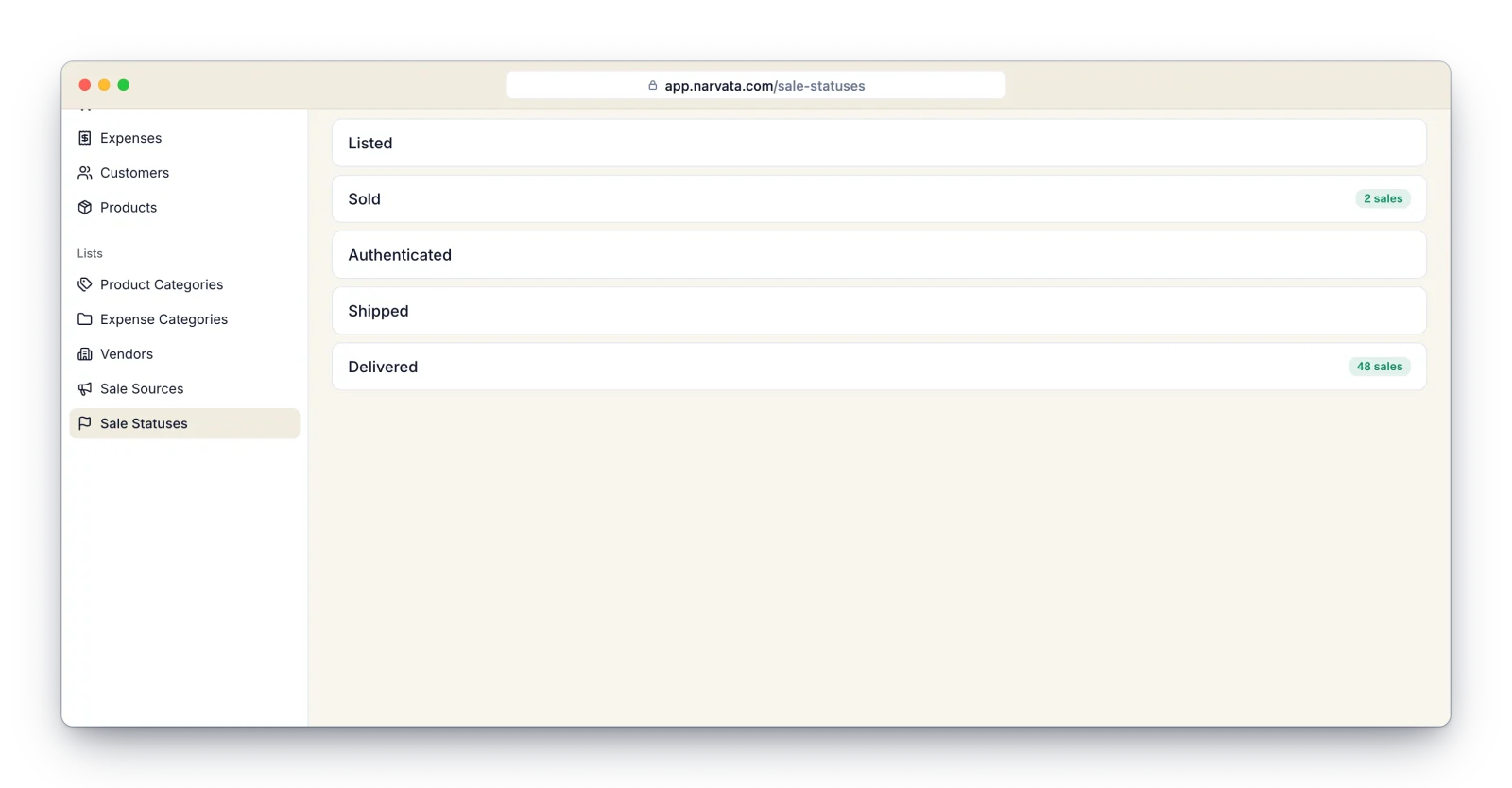 Narvata Sale Statuses list with the Reorder and Add status buttons