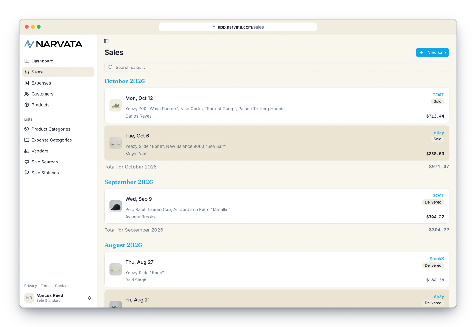 Narvata Sales list grouped by month with monthly totals and a search box