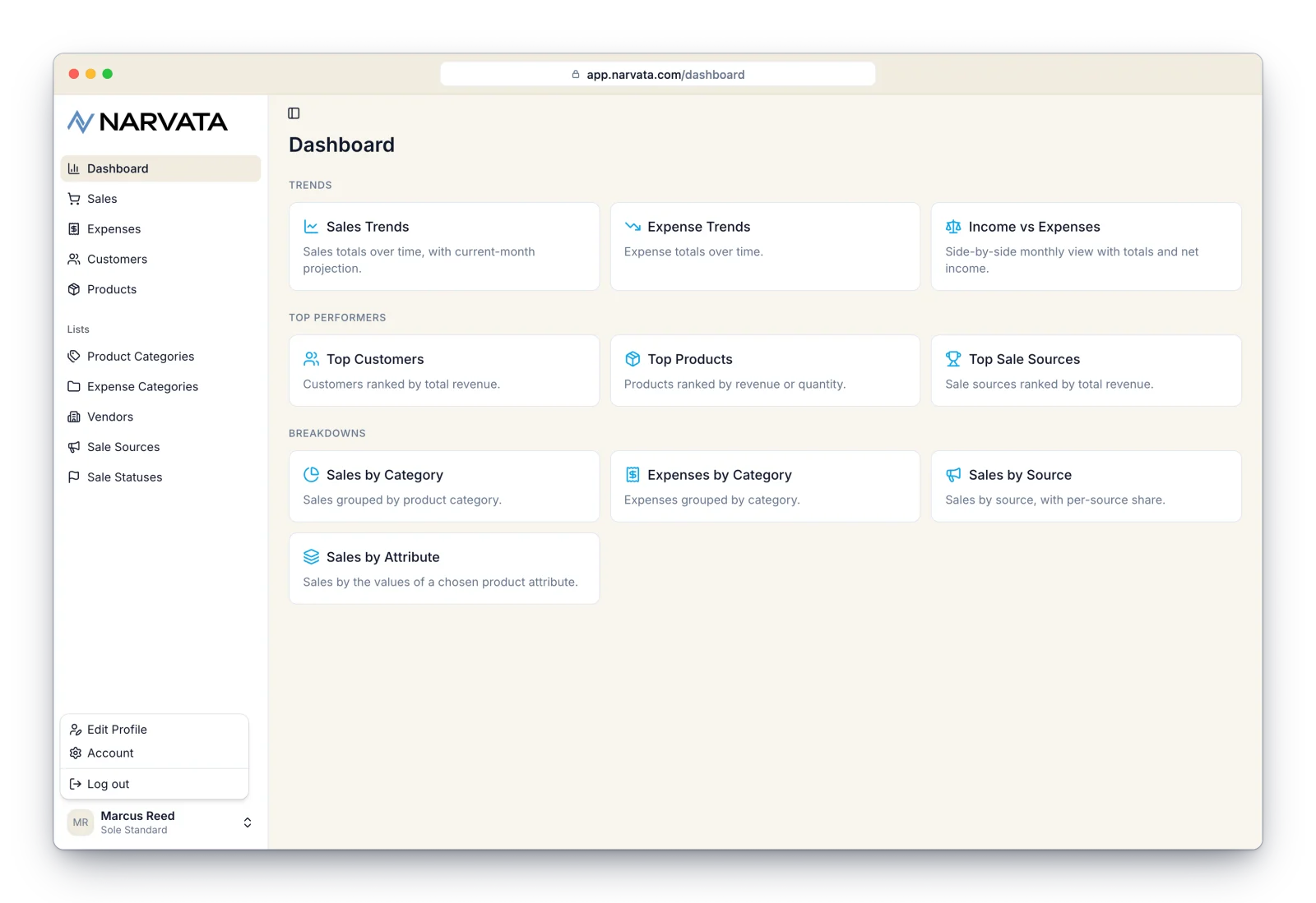 Narvata showing the left navigation sidebar with the main items and Lists group
