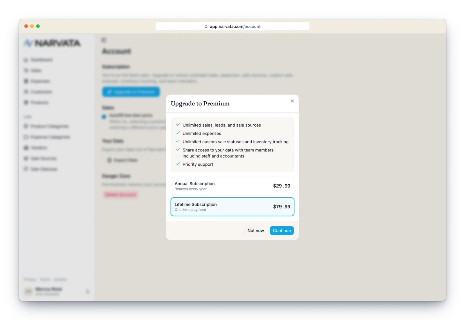 Narvata upgrade dialog showing Premium benefits and the annual and lifetime plan options